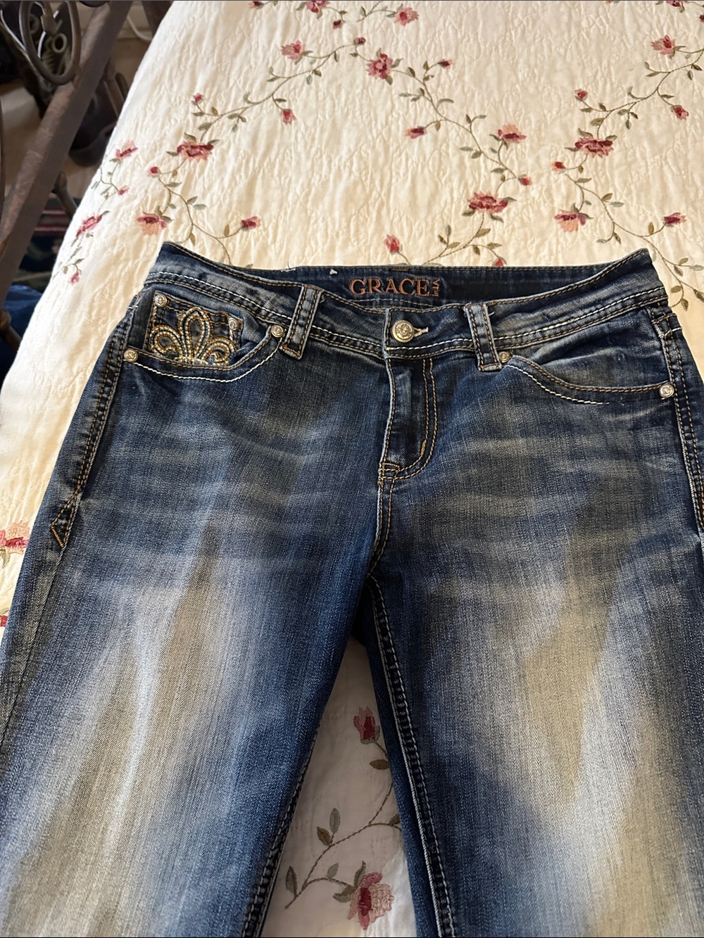Grace Distressed Blue Boot Cut Jeans with Embroidered Pocket